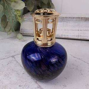 Vintage Scentier Blue w/ Gold Swirl Art Glass Catalytic Fragrance Lamp 4" Round